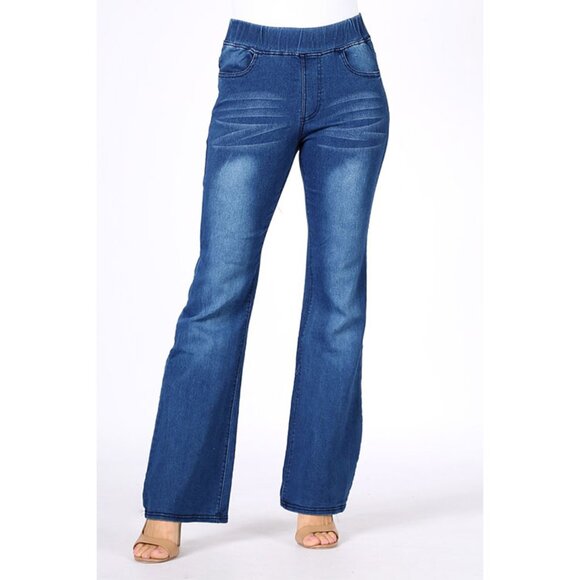 Mid-rise Solid Pull-on Bootcut Denim Jeggings  with pockets and whiskered effect - Picture 1 of 2